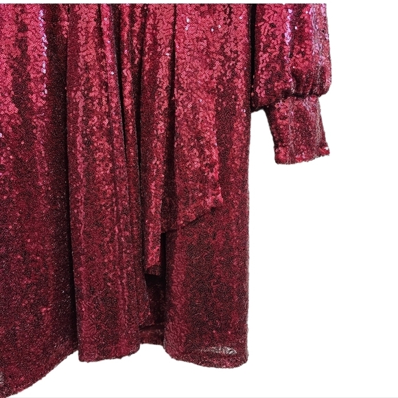 Eloquii cherry burgundy red sequins puff long sleeve v-neck midi wrap dress 20 - Picture 7 of 15
